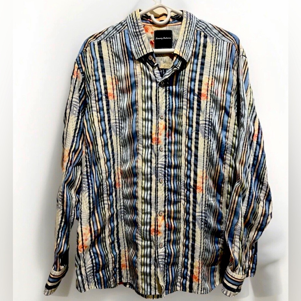 Tommy Bahama Long Sleeve Button Man’s Shirt Floral Blue Striped Size XL